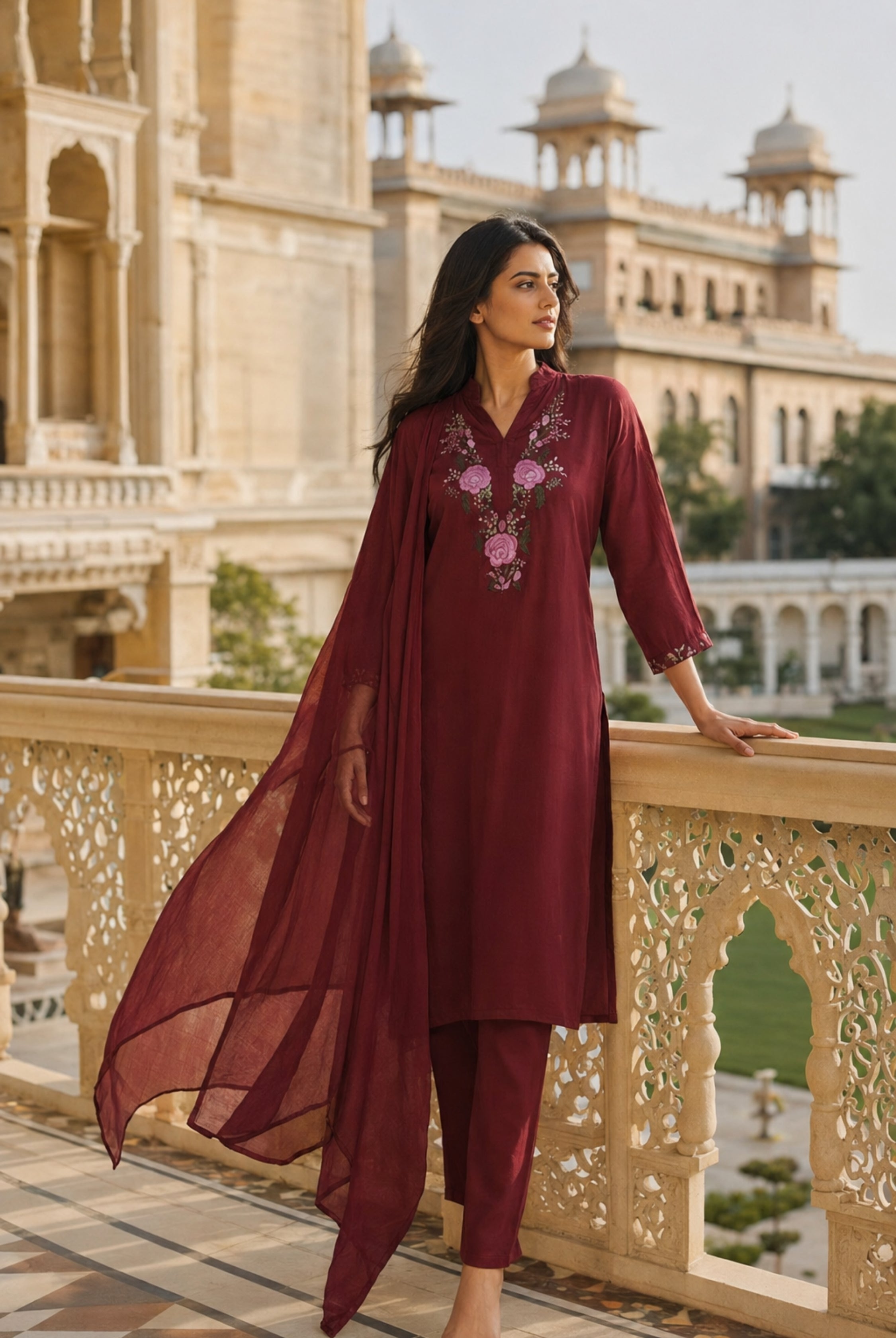 Maroon Floral Embroidered Rayon Suit Set