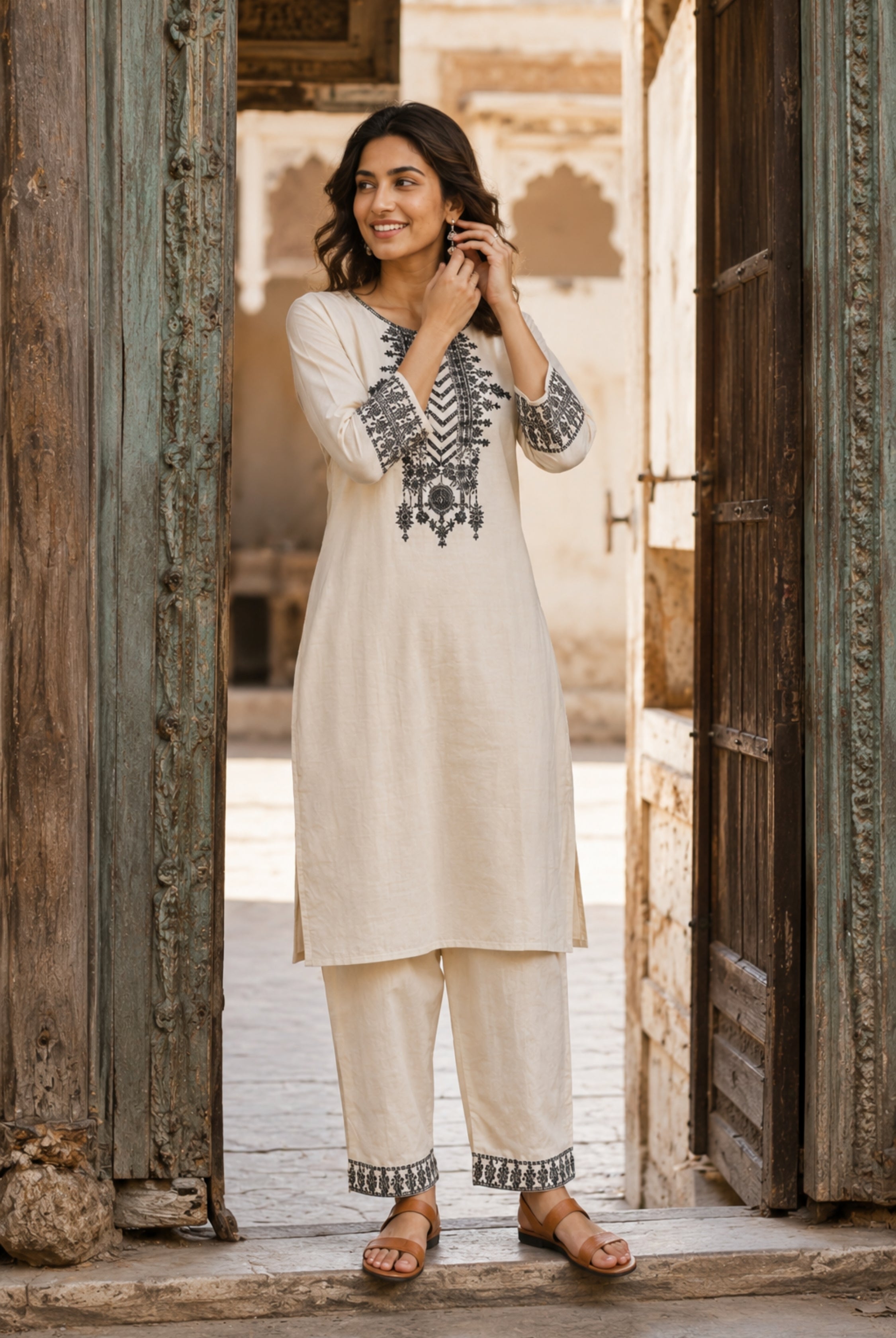 Ivory Heritage Embroidered Cotton Co-Ord Set