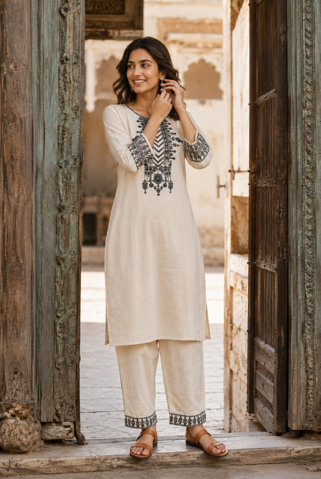 Ivory Heritage Embroidered Cotton Co-Ord Set