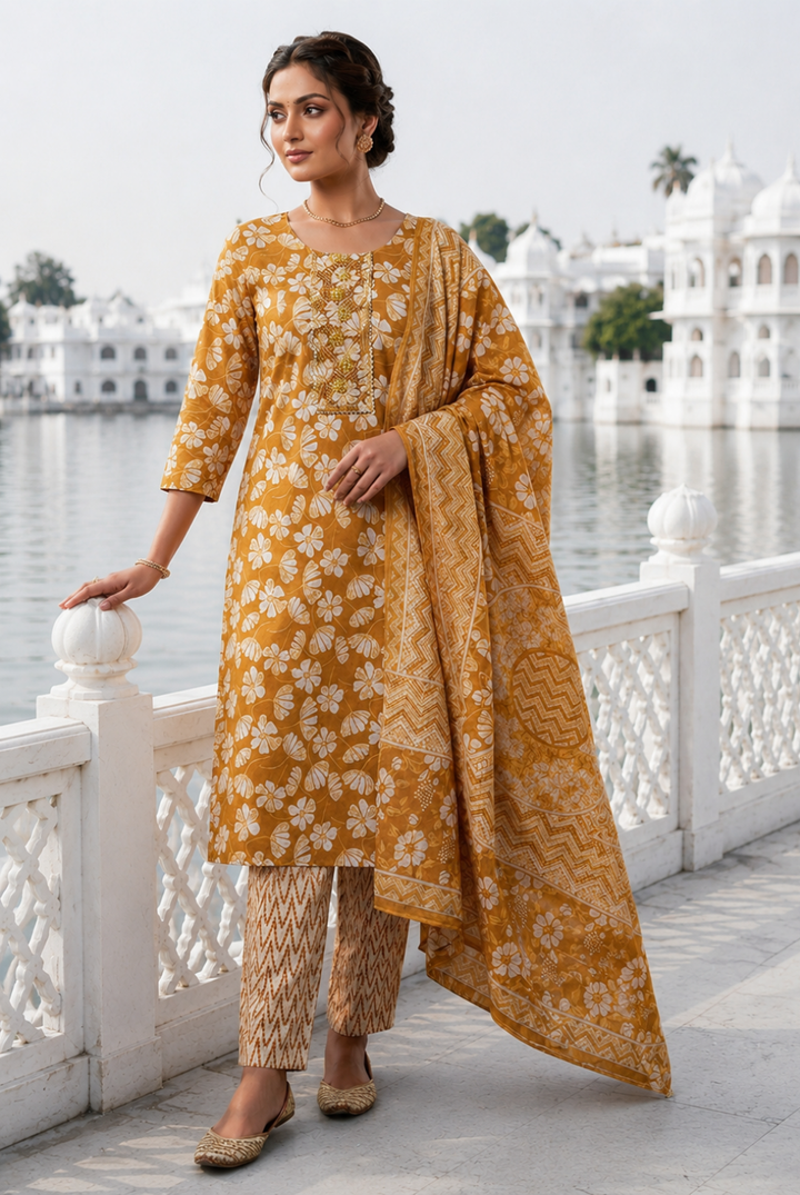 Mustard Floral Printed Cotton Suit Set with Dupatta
