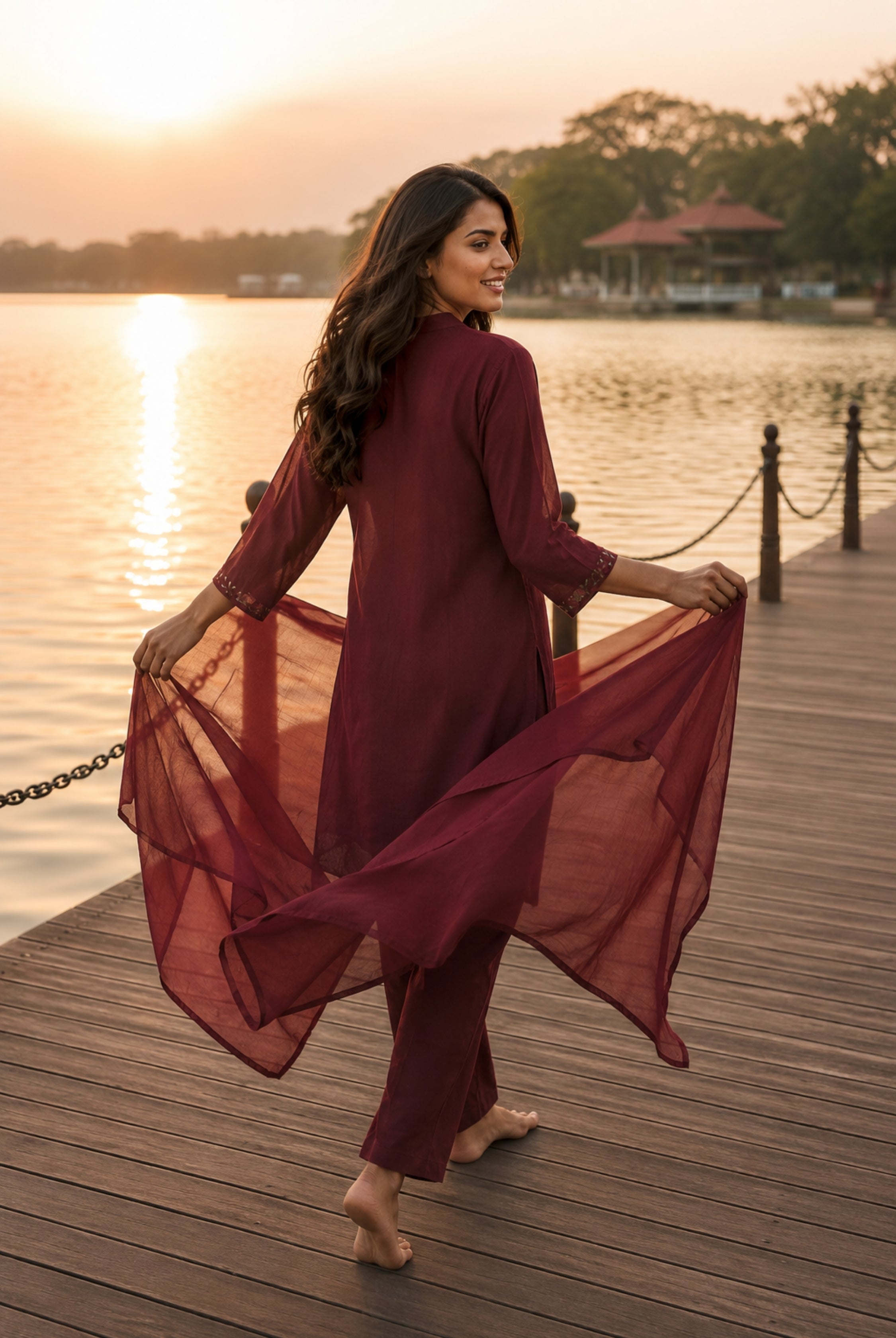 Maroon Floral Embroidered Rayon Suit Set