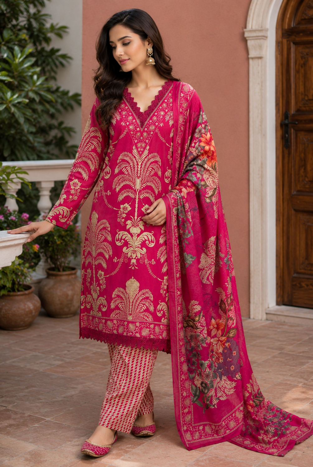 Rani Pink Designer Printed Suit Set with Dupatta