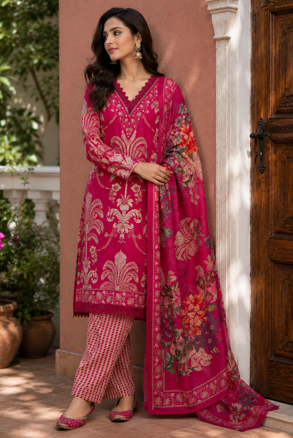 Rani Pink Designer Printed Suit Set with Dupatta