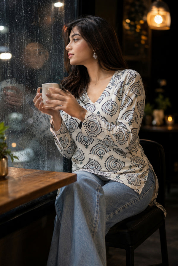 Ivory Printed Cotton Short Kurti
