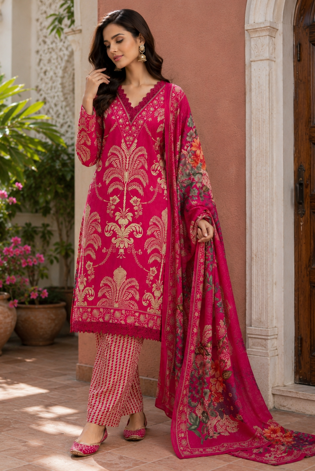 Rani Pink Designer Printed Suit Set with Dupatta