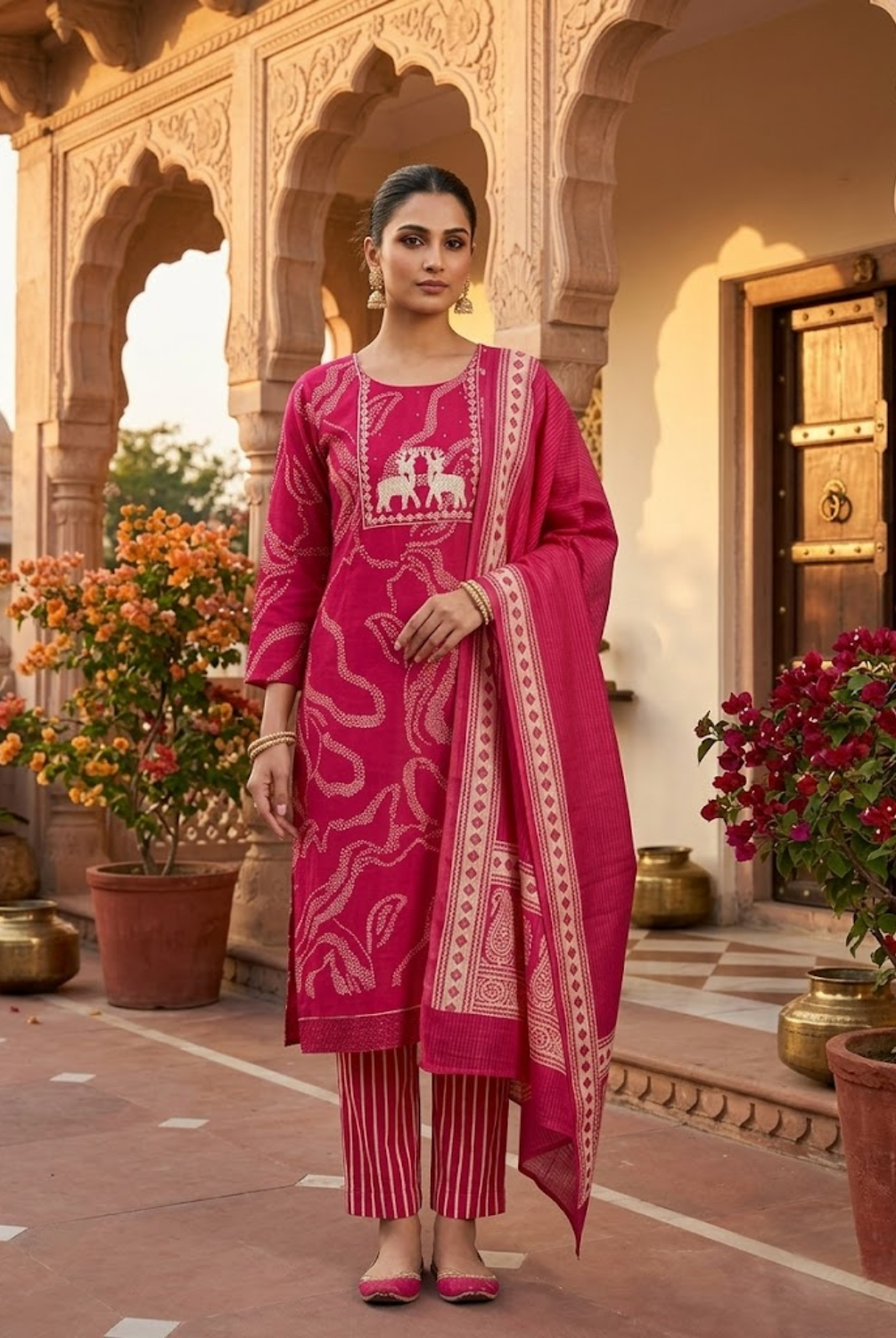 Rani Pink Ethnic Printed Suit Set with Dupatta