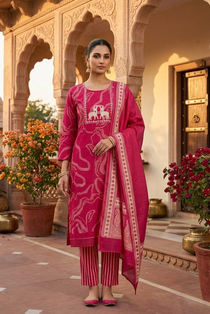 Rani Pink Ethnic Printed Suit Set with Dupatta