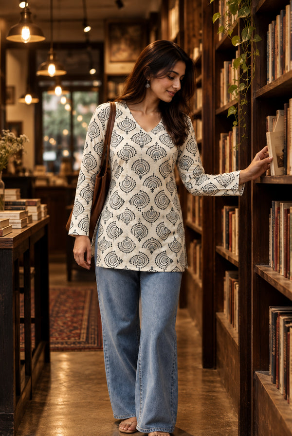 Ivory Printed Cotton Short Kurti