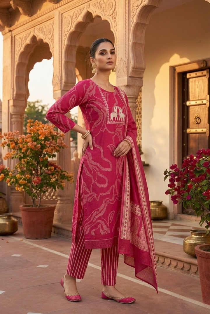 Rani Pink Ethnic Printed Suit Set with Dupatta