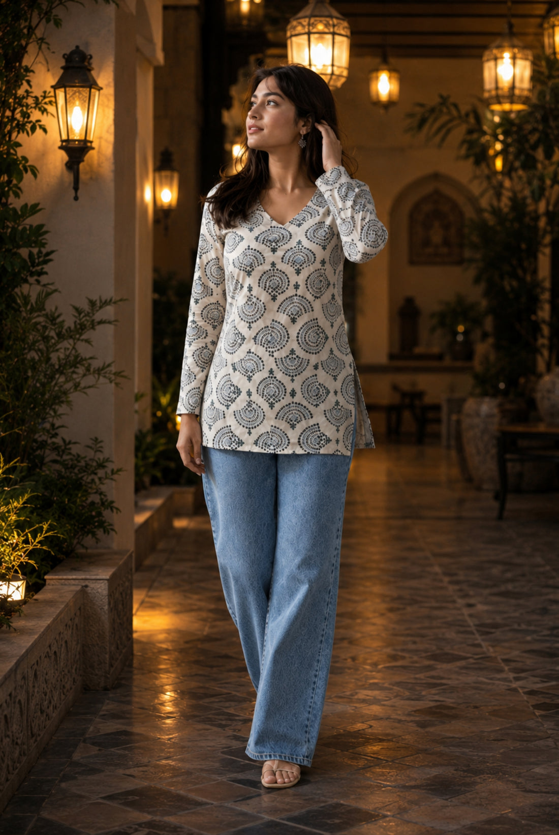 Ivory Printed Cotton Short Kurti