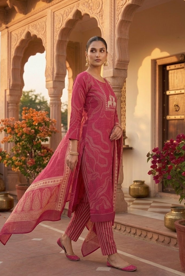 Rani Pink Ethnic Printed Suit Set with Dupatta