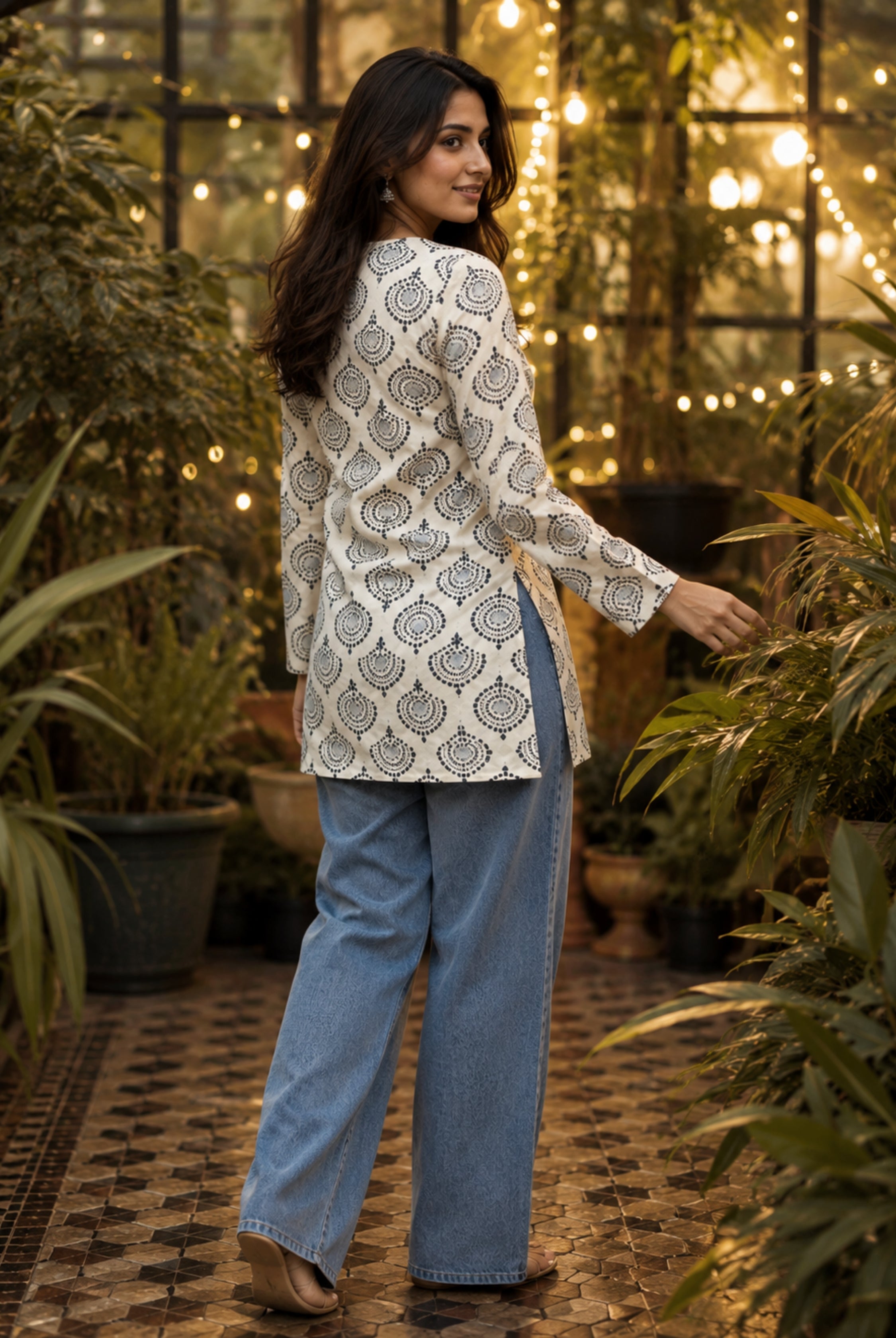 Ivory Printed Cotton Short Kurti