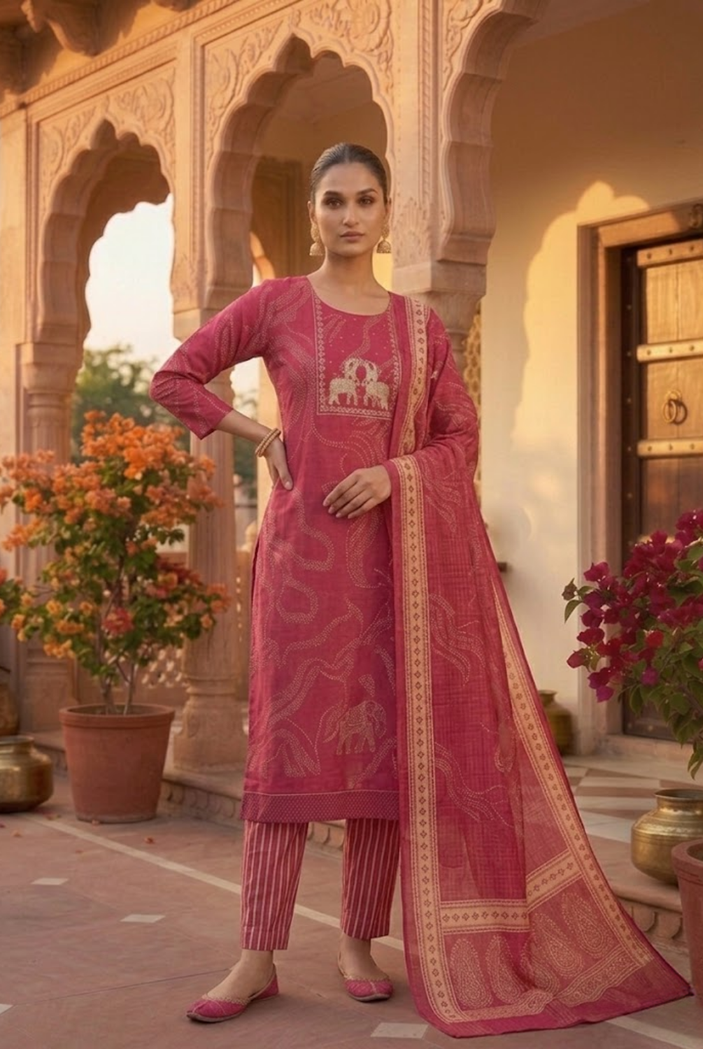 Rani Pink Ethnic Printed Suit Set with Dupatta