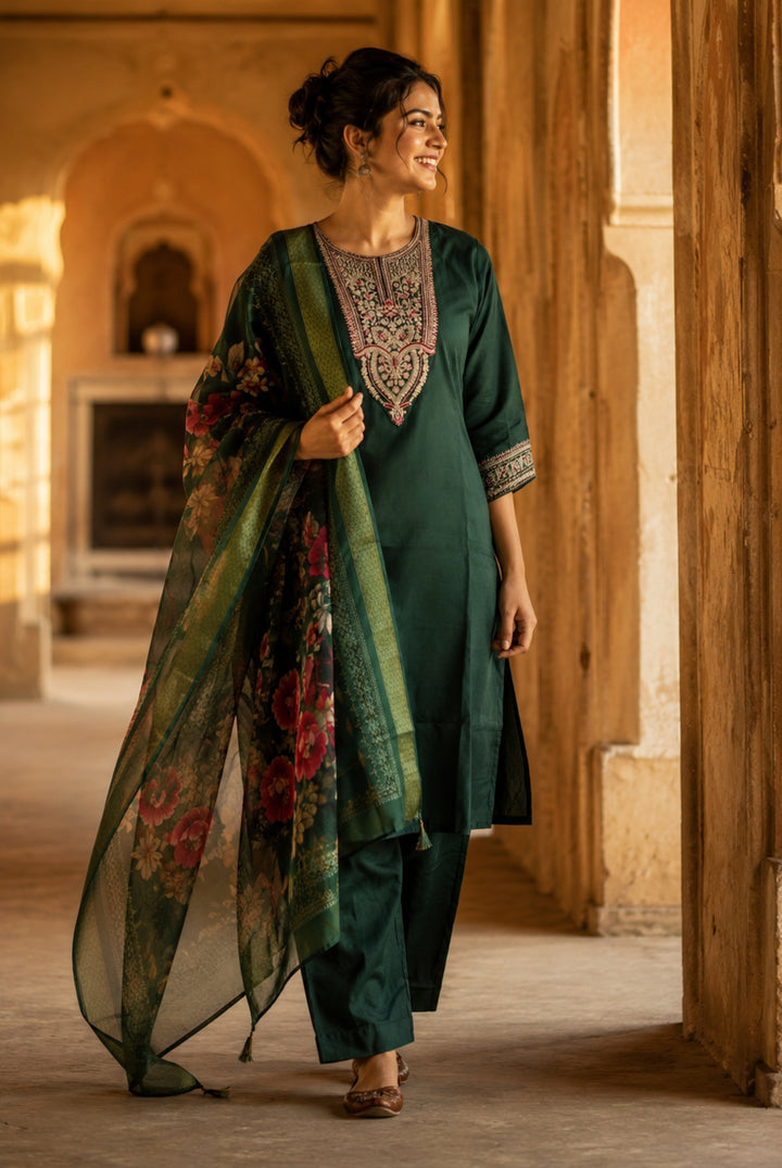 Emerald Green Floral Embroidered Suit Set