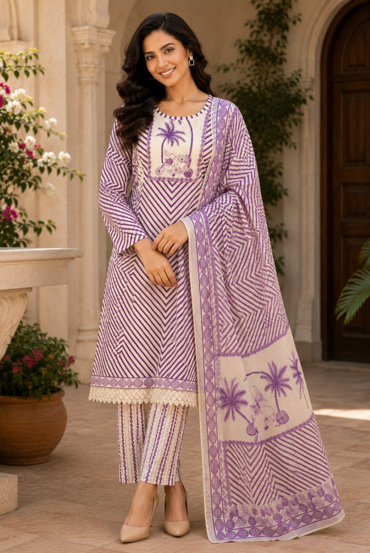 Lavender Striped Printed Cotton Suit Set with Dupatta