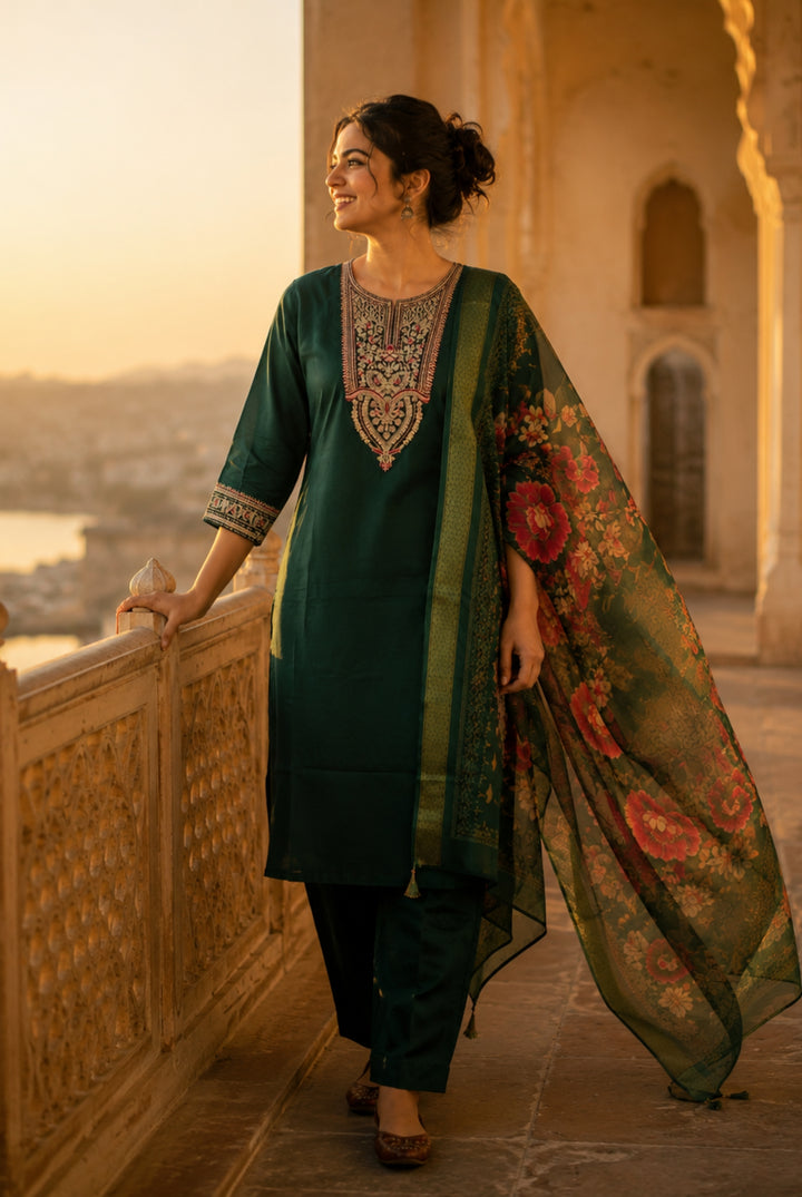 Emerald Green Floral Embroidered Suit Set
