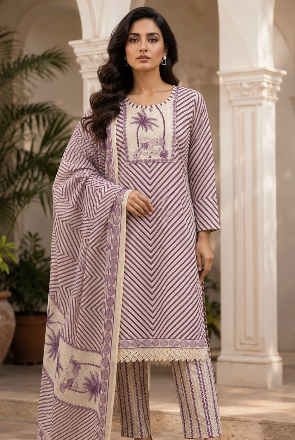 Lavender Striped Printed Cotton Suit Set with Dupatta