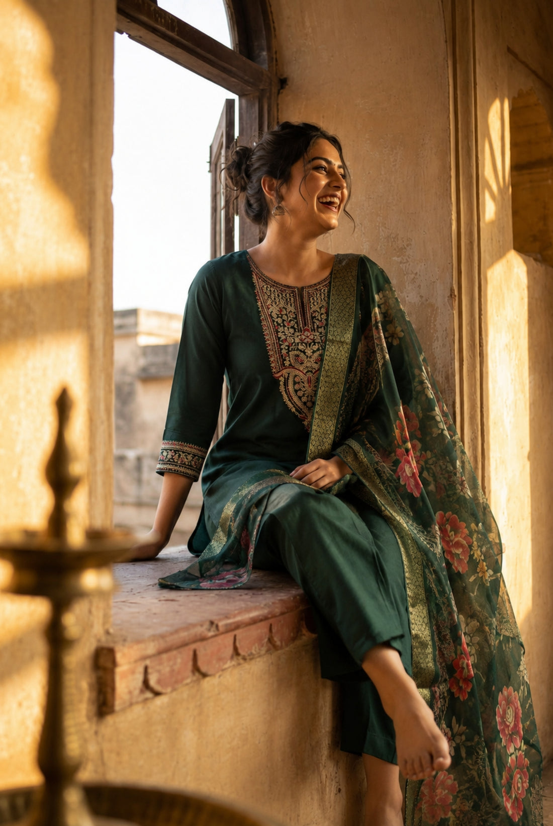 Emerald Green Floral Embroidered Suit Set
