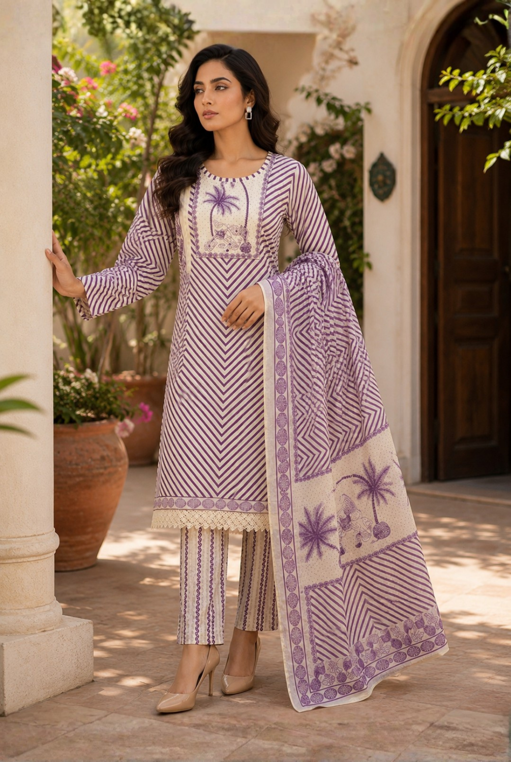 Lavender Striped Printed Cotton Suit Set with Dupatta