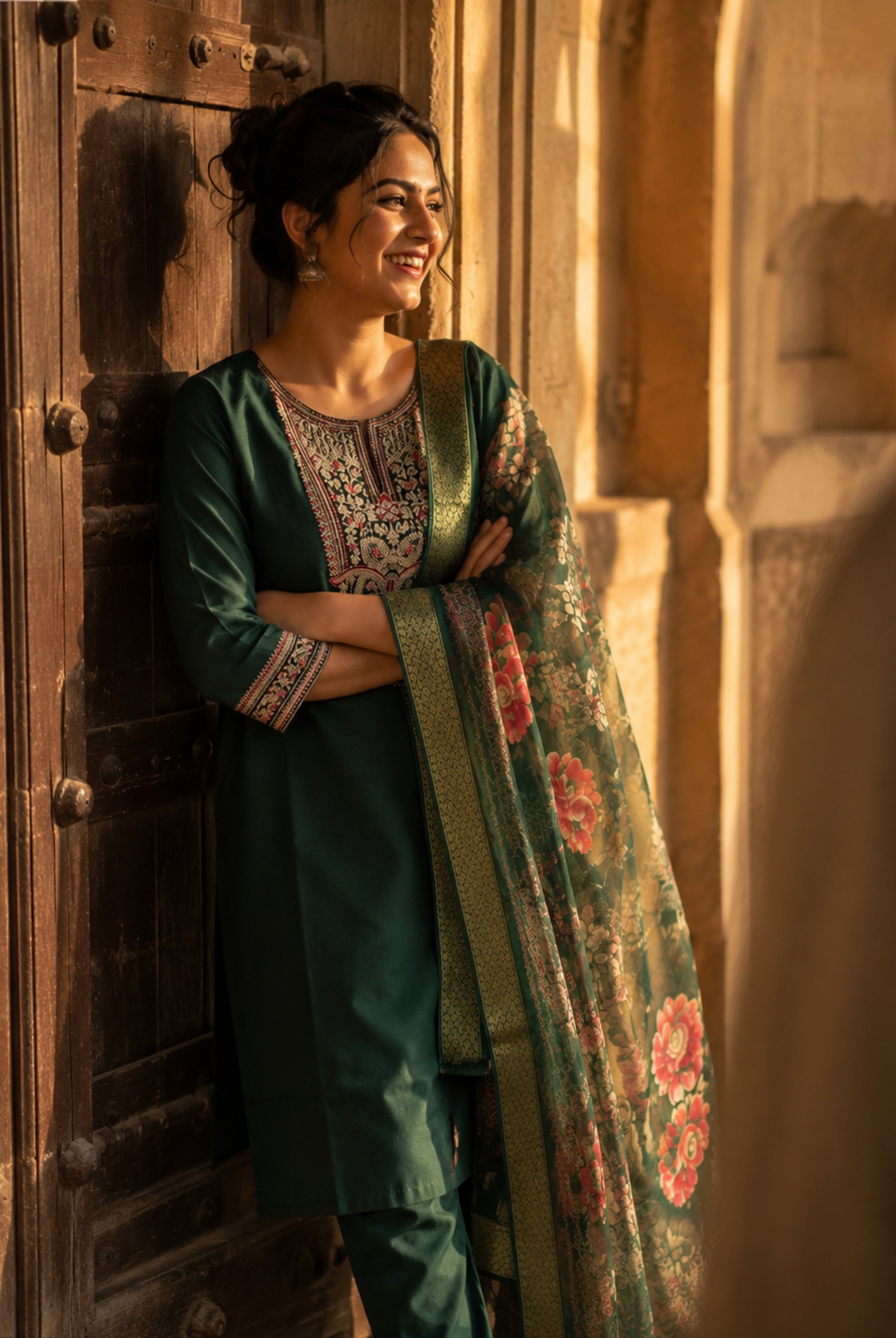 Emerald Green Floral Embroidered Suit Set