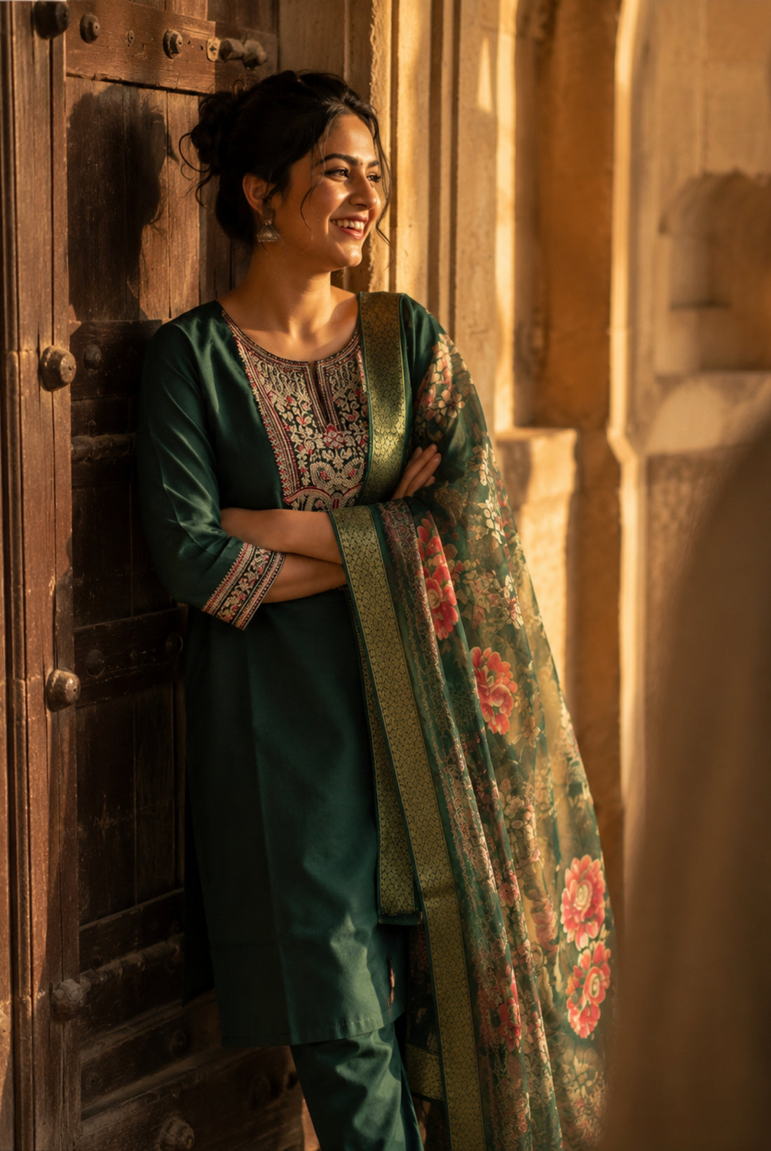 Emerald Green Floral Embroidered Suit Set