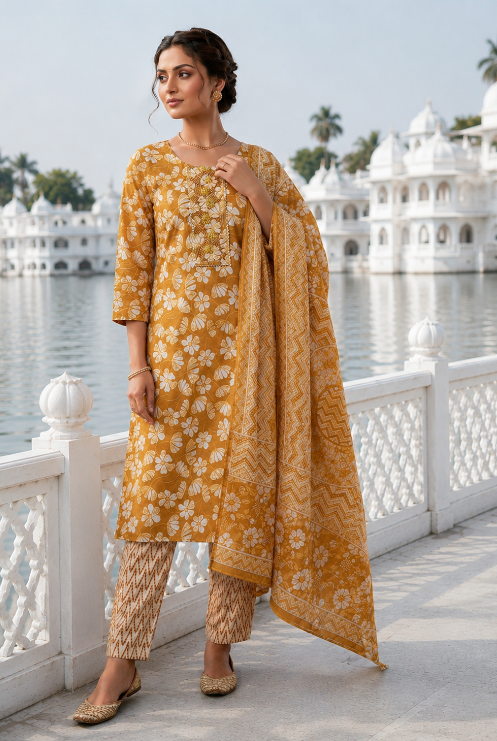 Mustard Floral Printed Cotton Suit Set with Dupatta