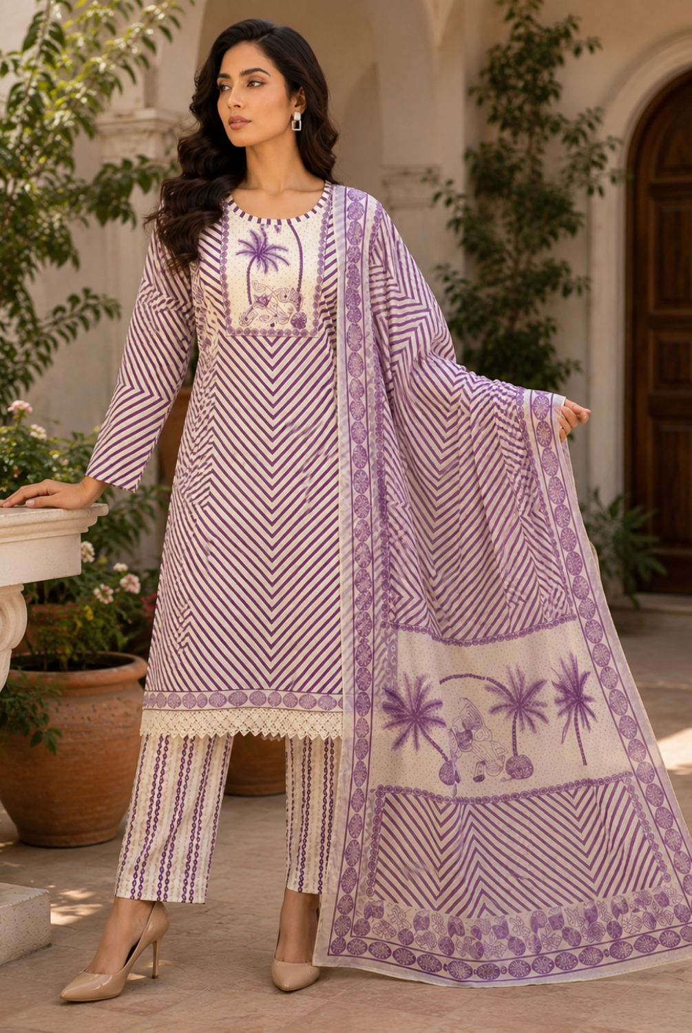 Lavender Striped Printed Cotton Suit Set with Dupatta
