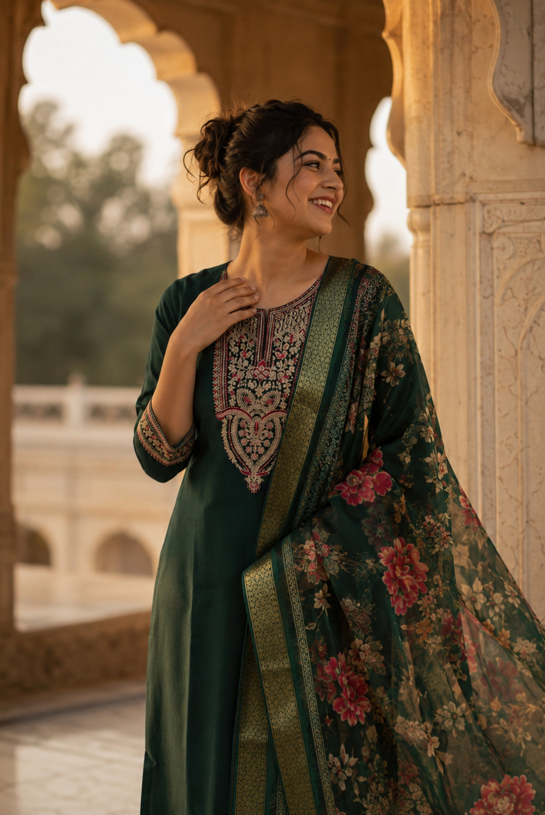Emerald Green Floral Embroidered Suit Set