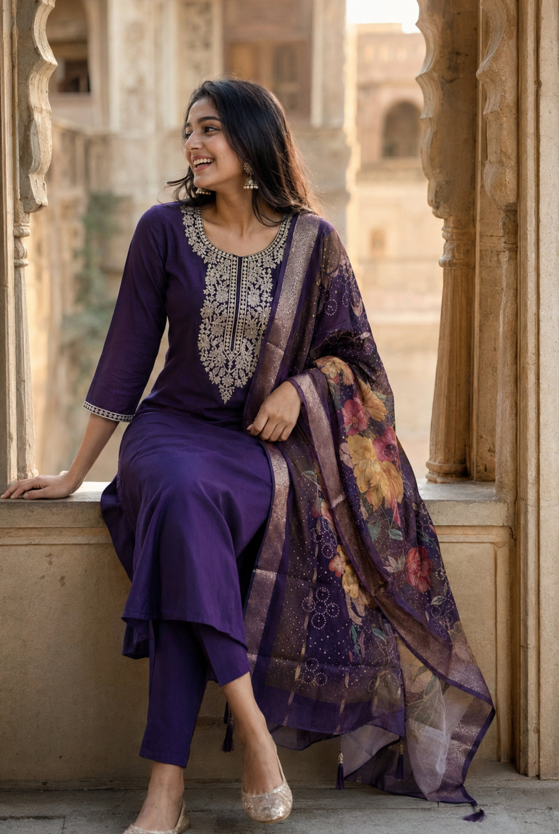 Royal Purple Roman Silk Embroidered Suit Set