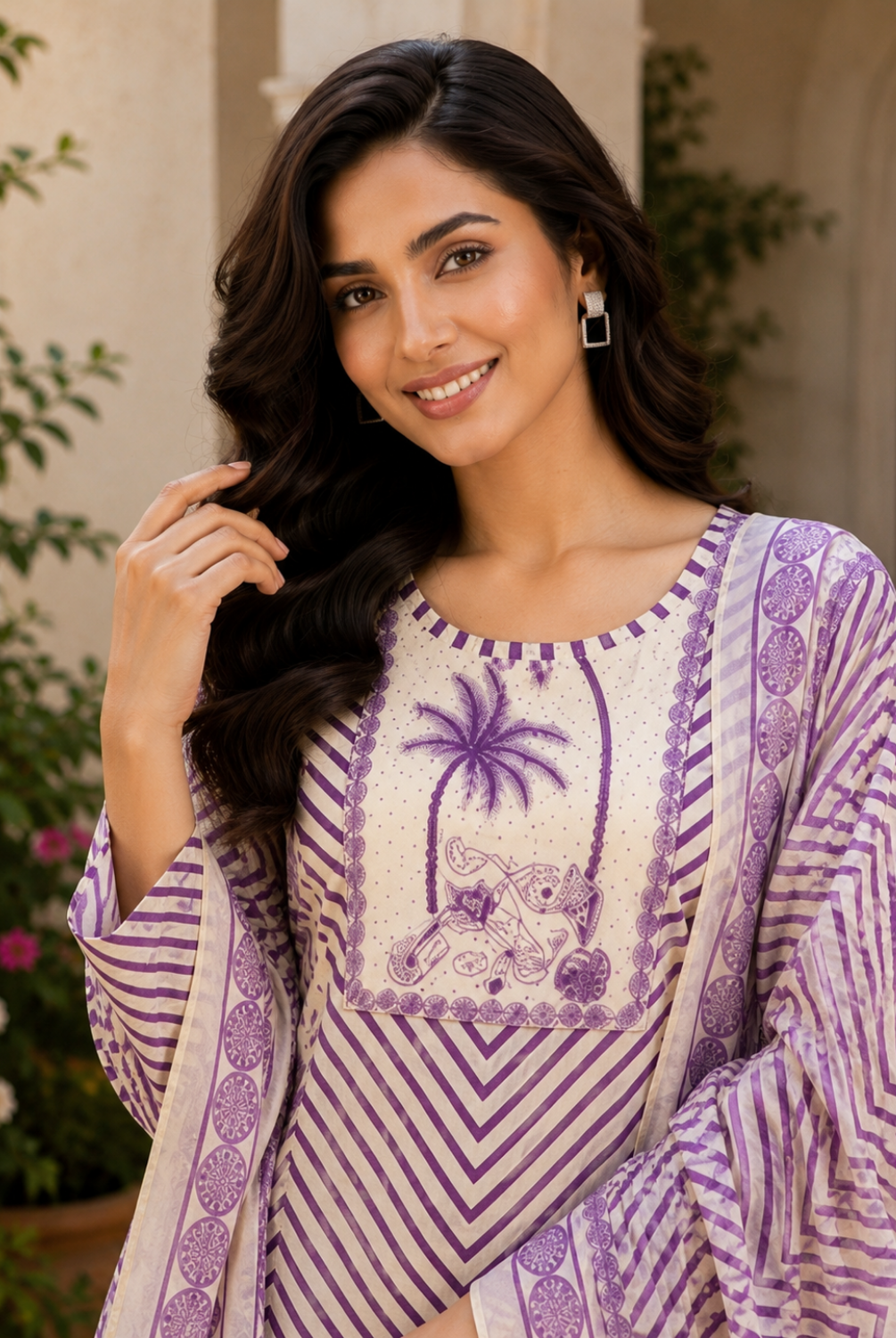 Lavender Striped Printed Cotton Suit Set with Dupatta