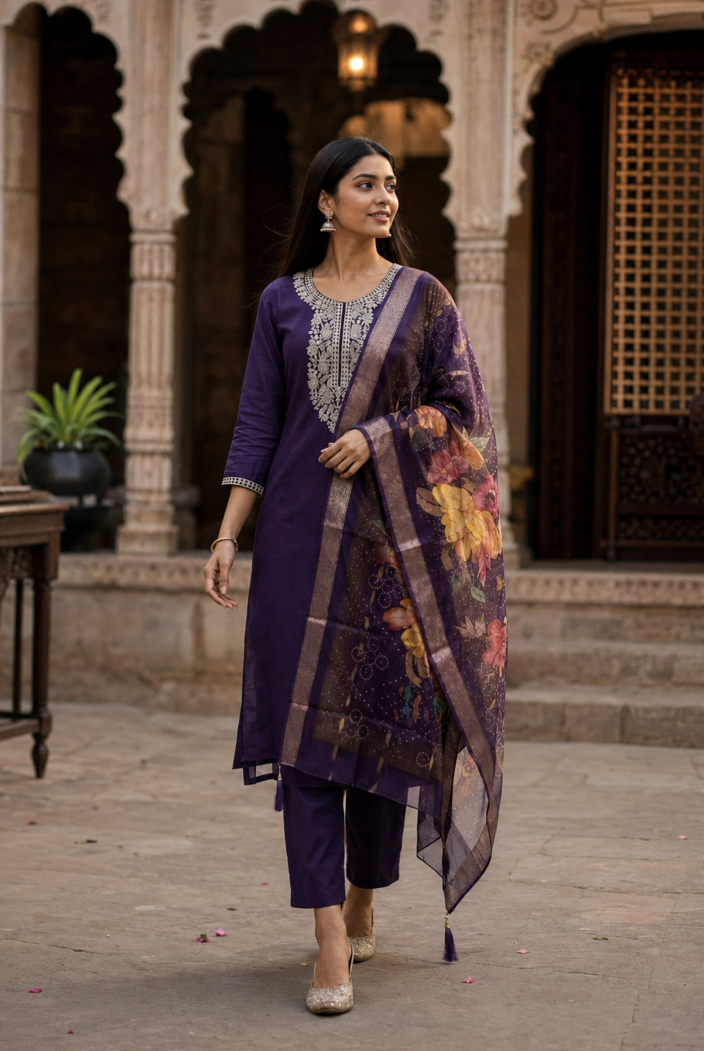 Royal Purple Roman Silk Embroidered Suit Set