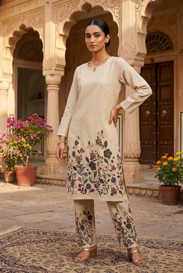 Beige Floral Embroidered Co-Ord Set