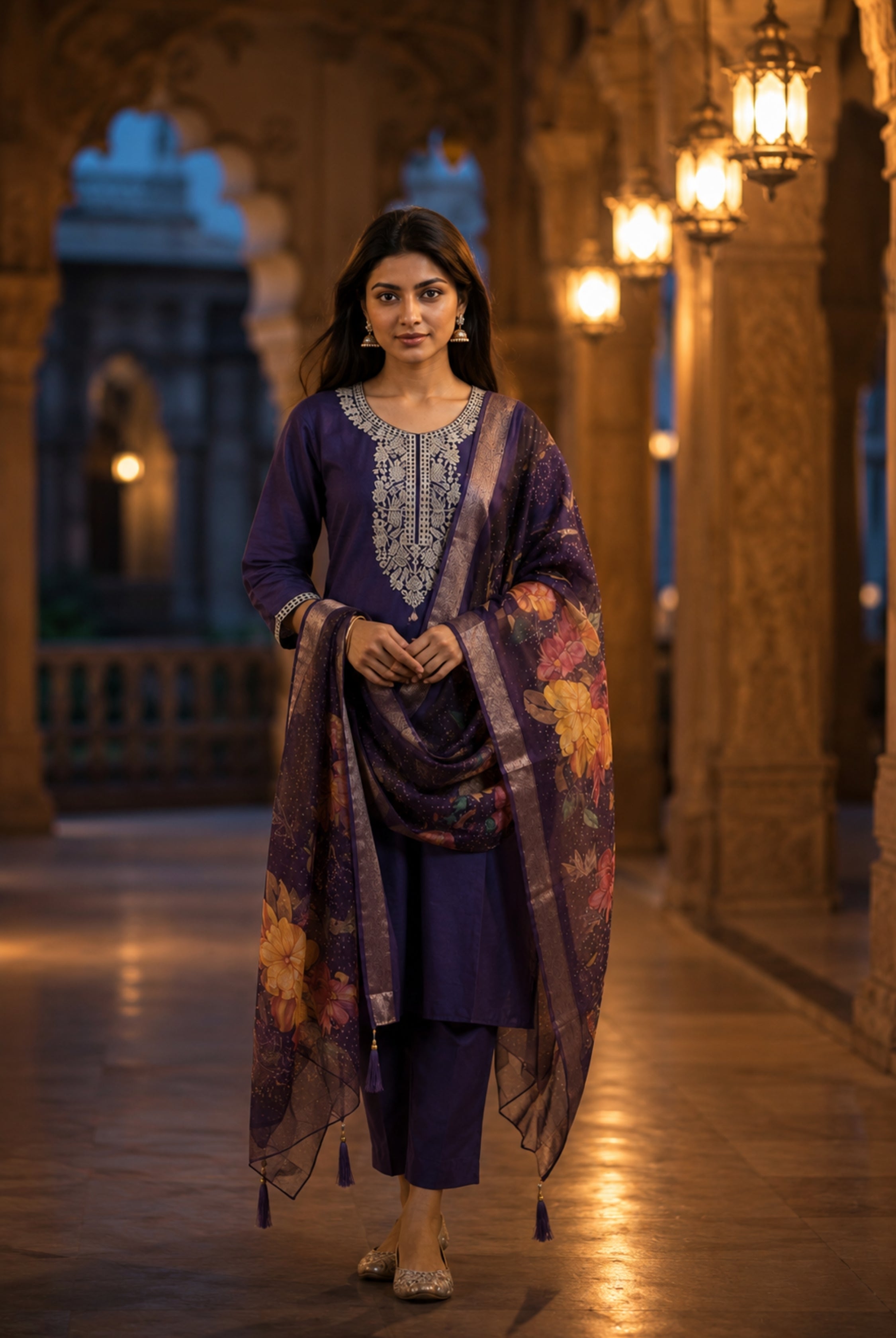 Royal Purple Roman Silk Embroidered Suit Set