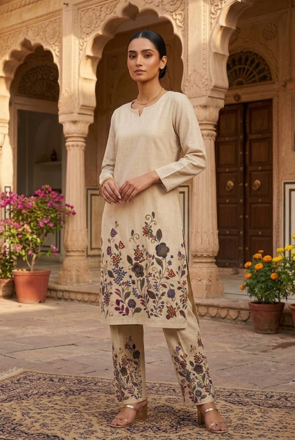 Beige Floral Embroidered Co-Ord Set