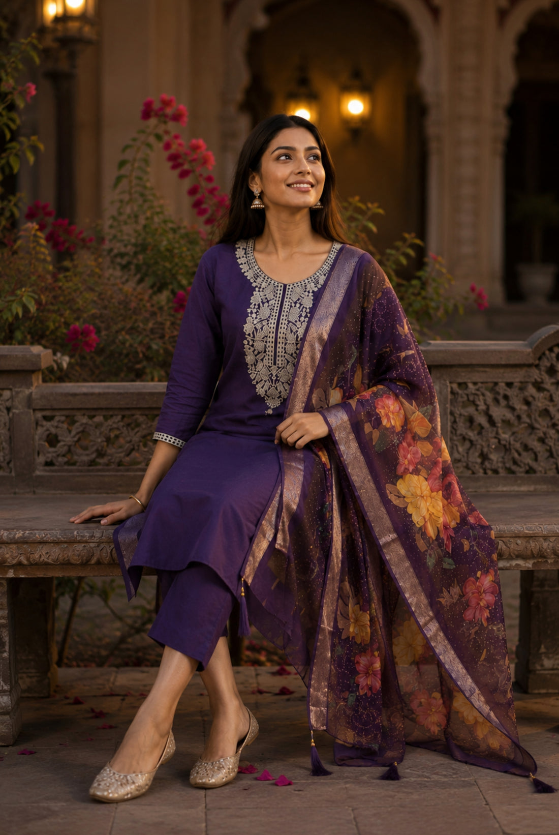 Royal Purple Roman Silk Embroidered Suit Set