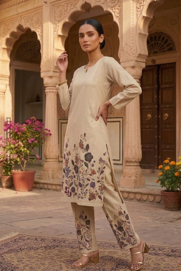 Beige Floral Embroidered Co-Ord Set