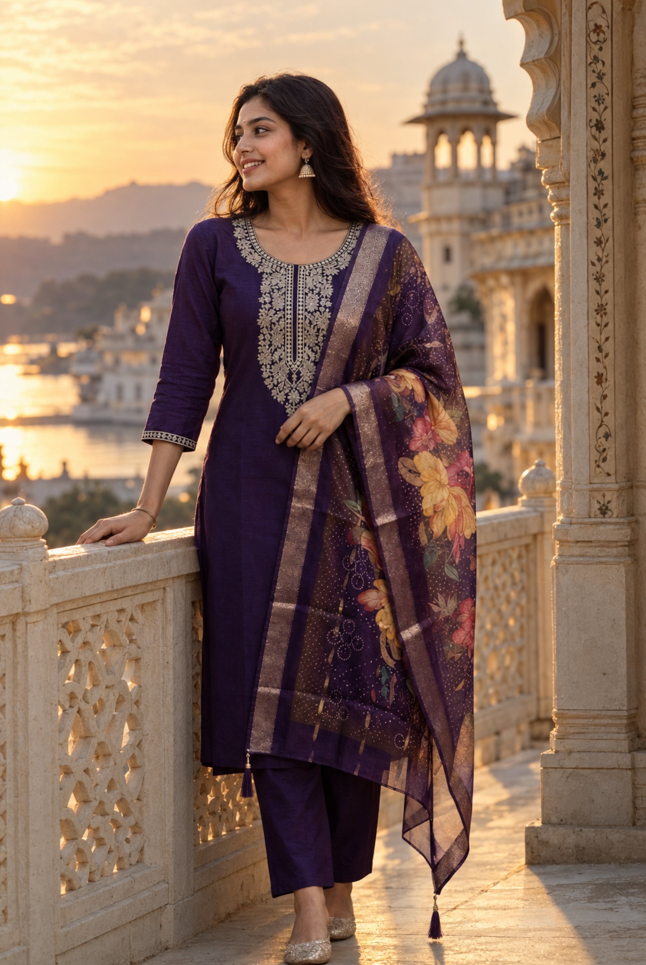 Royal Purple Roman Silk Embroidered Suit Set