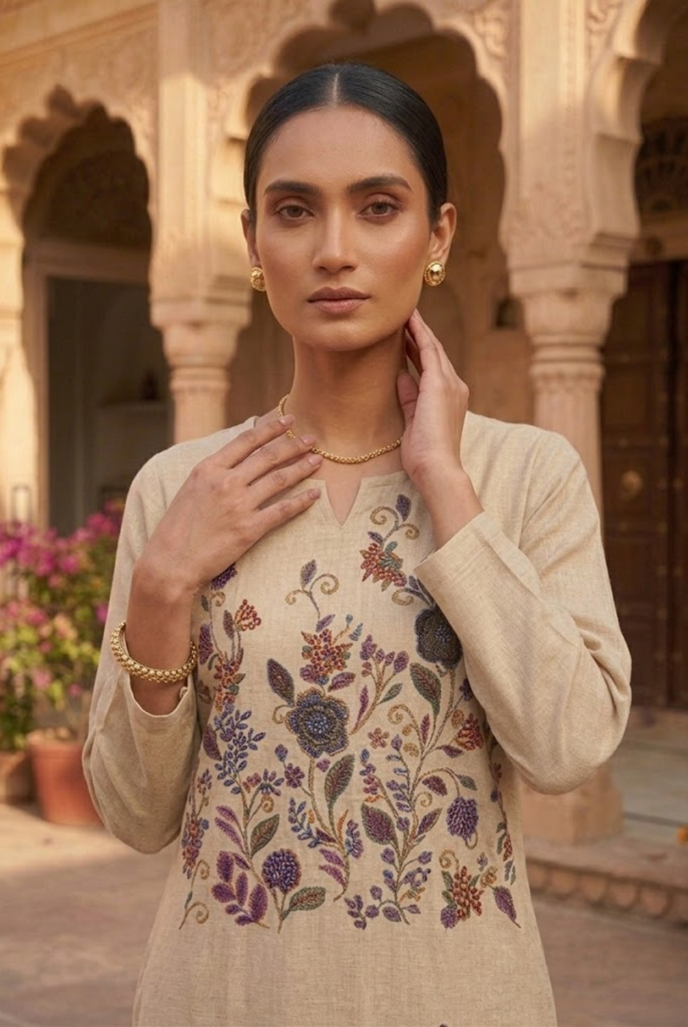 Beige Floral Embroidered Co-Ord Set