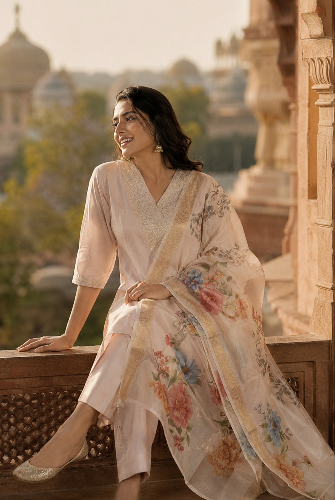 Blush Pink Roman Silk Floral Suit Set