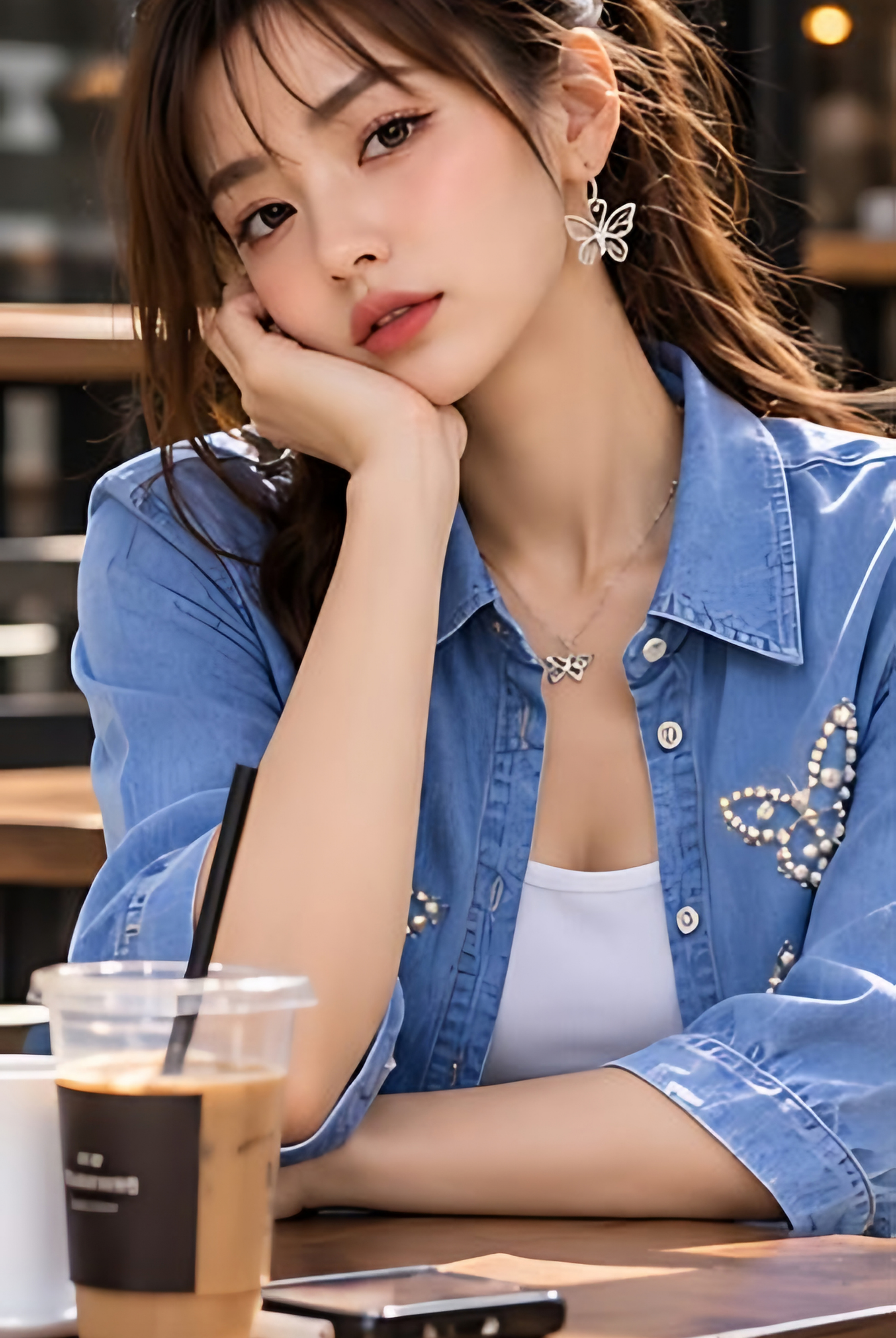 Light Blue Embellished Denim Crop Shirt + Inner
