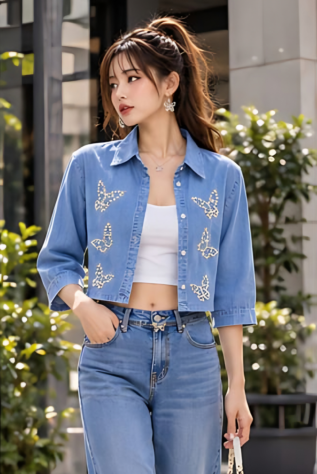 Light Blue Embellished Denim Crop Shirt + Inner