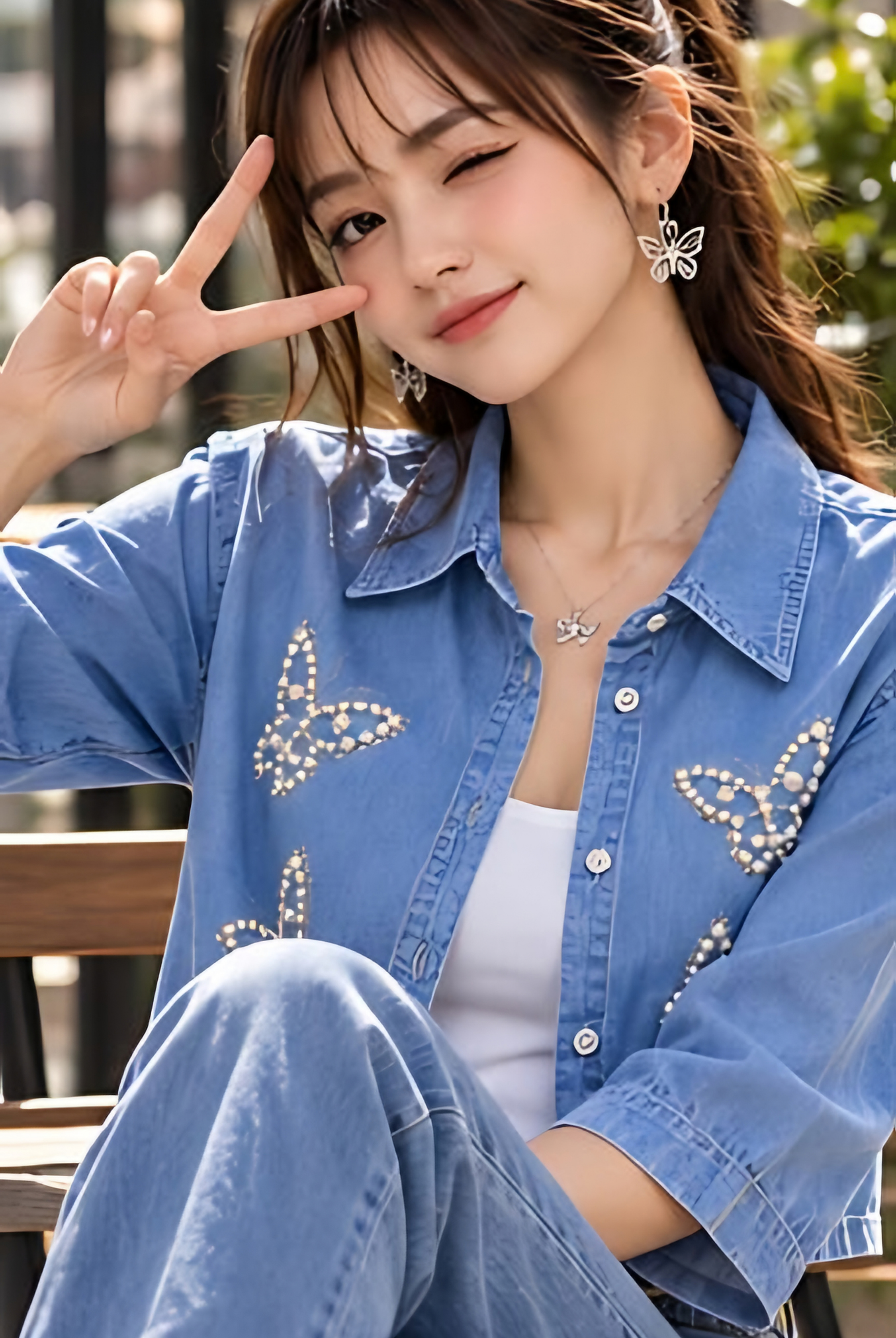 Light Blue Embellished Denim Crop Shirt + Inner
