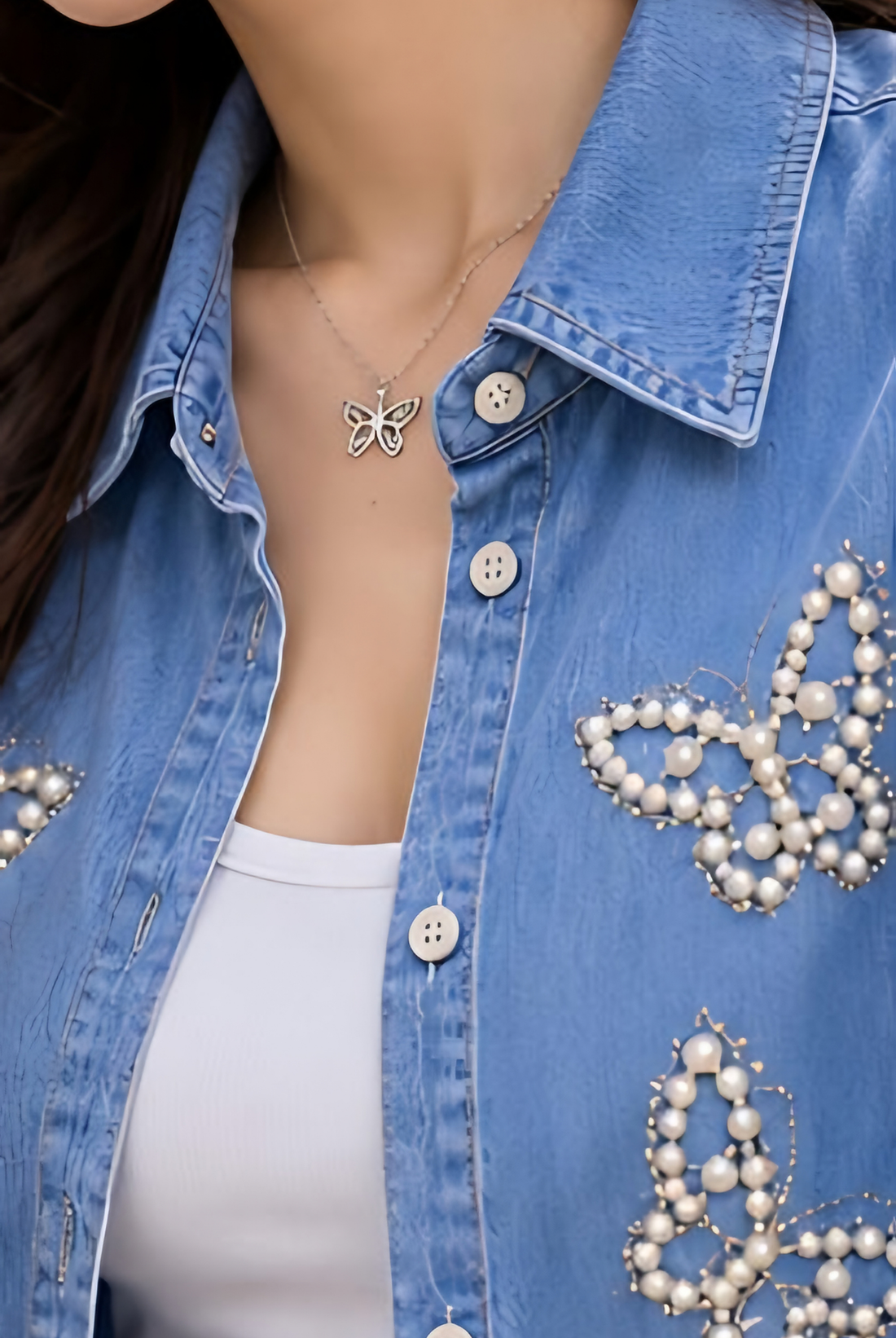 Light Blue Embellished Denim Crop Shirt + Inner