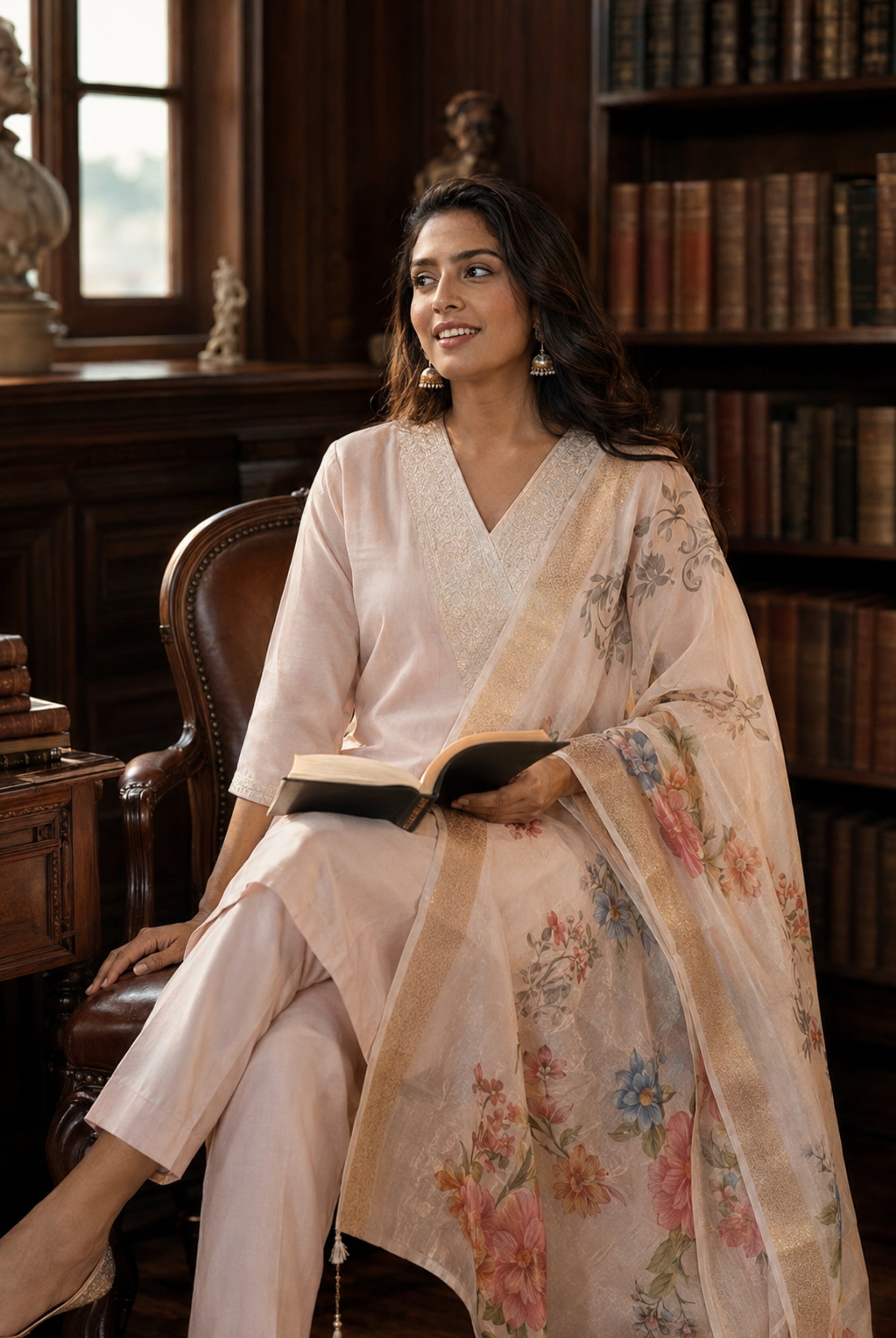 Blush Pink Roman Silk Floral Suit Set