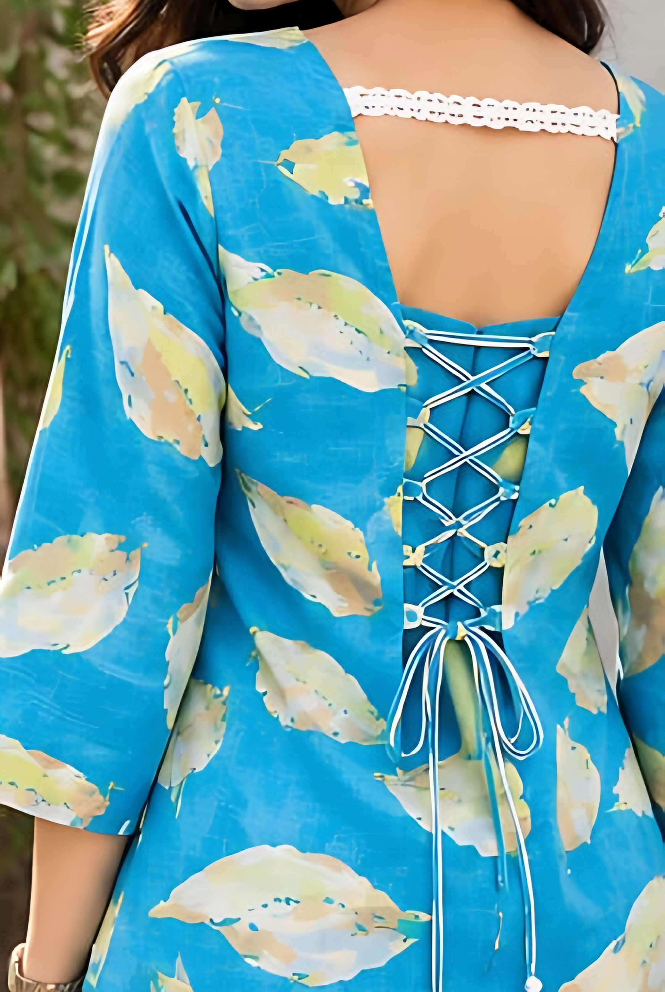 Blue Leaf-Print Back-Dori Kurti