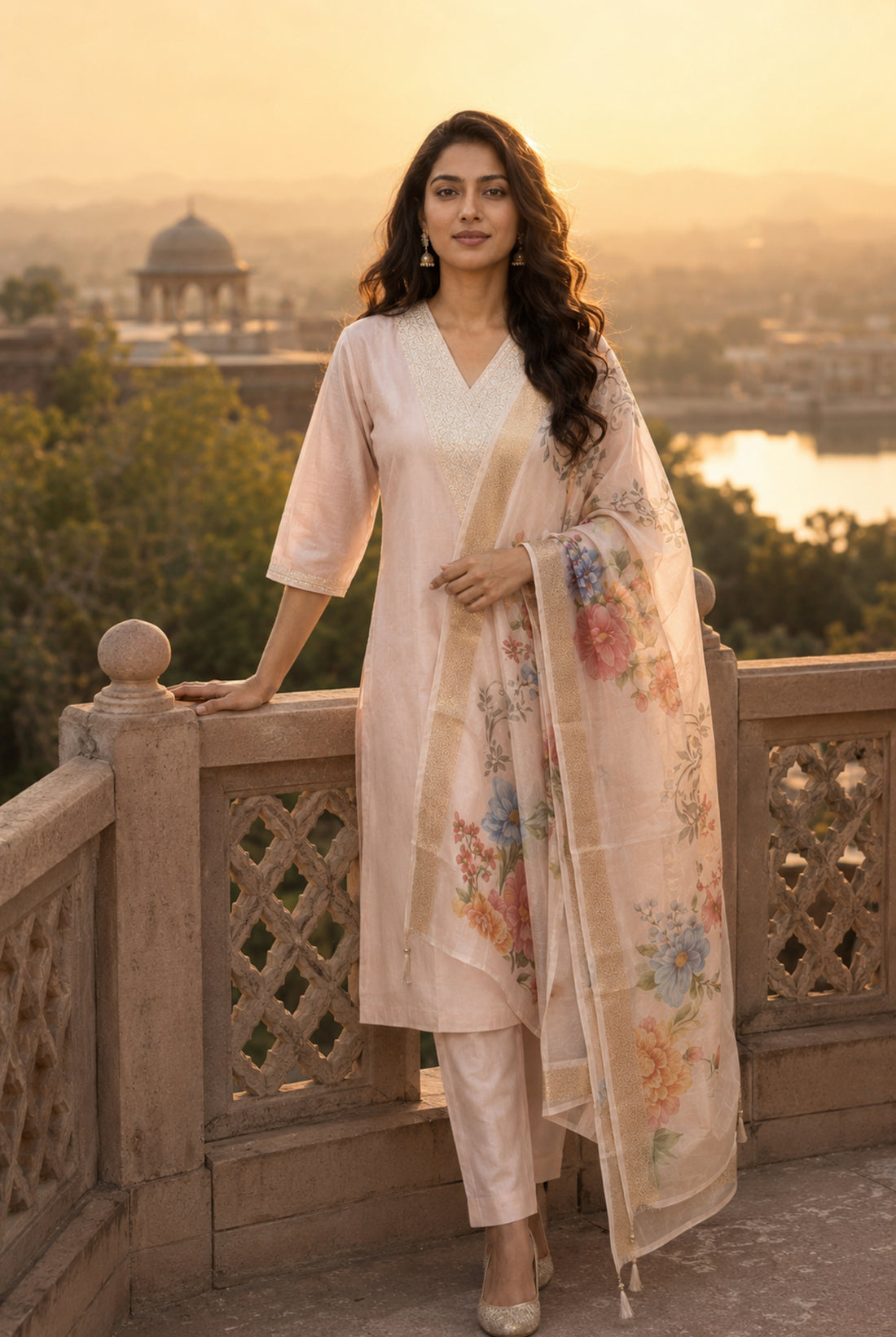 Blush Pink Roman Silk Floral Suit Set