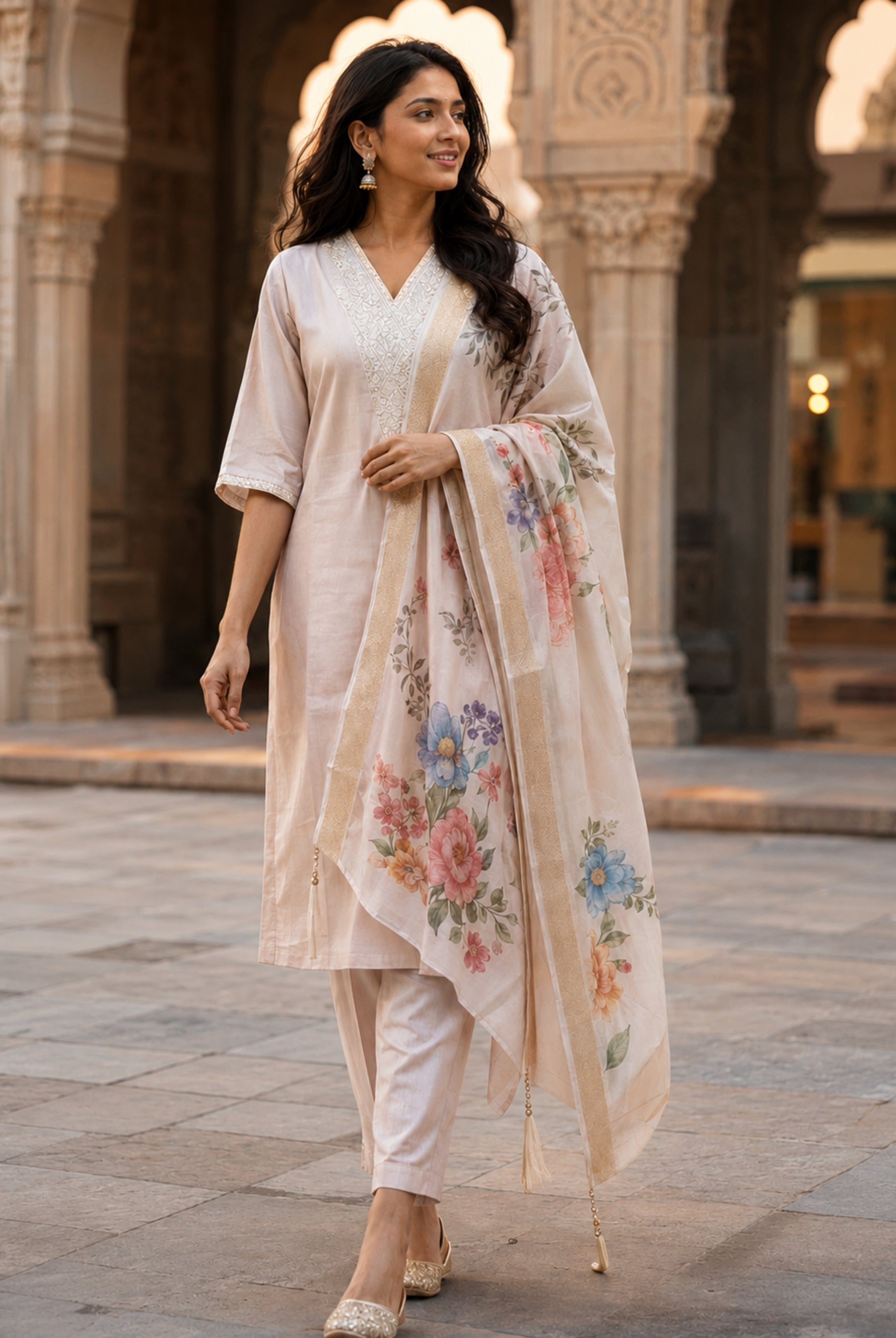 Blush Pink Roman Silk Floral Suit Set