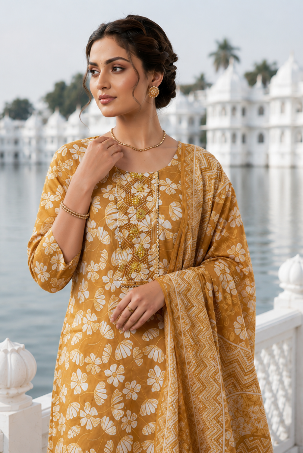 Mustard Floral Printed Cotton Suit Set with Dupatta