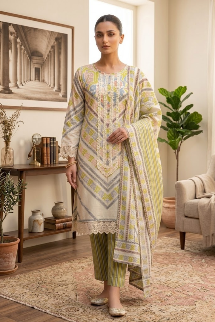 Pastel Ivory Printed Suit Set with Dupatta