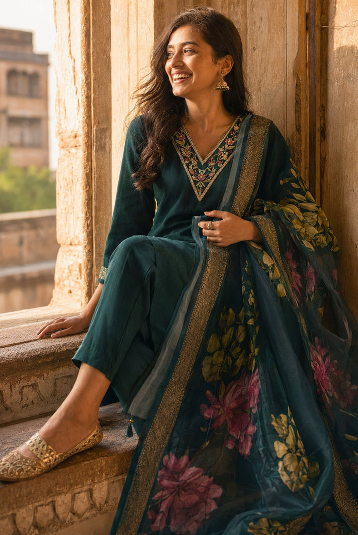 Teal Green Roman Silk Floral Suit Set